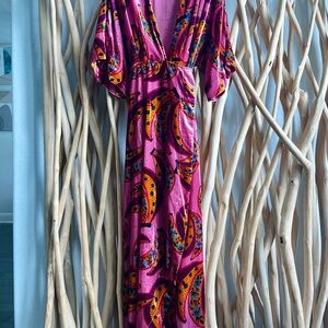 Farm Rio Velvet Pink Banana Flowers Maxi Wrap Dress Size Small